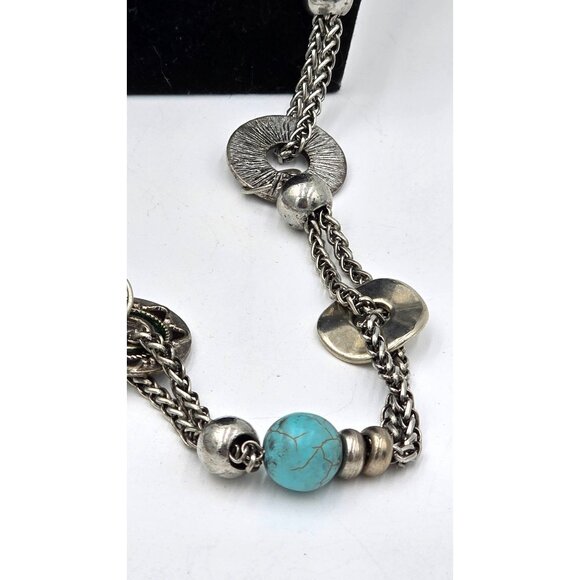 Southwestern Multi-Chain Station Necklace 40" Textured Discs Faux Turquoise Bead - Picture 3 of 8